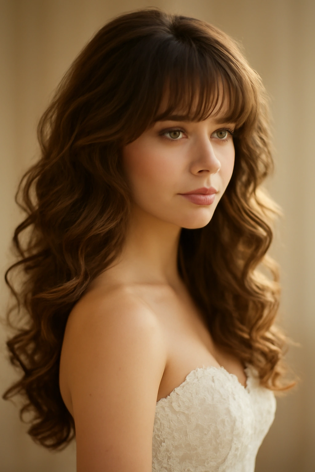 10 Wedding Hairstyles That Look Gorgeous With Bangs 8 Bride with cascading curls and layered bangs