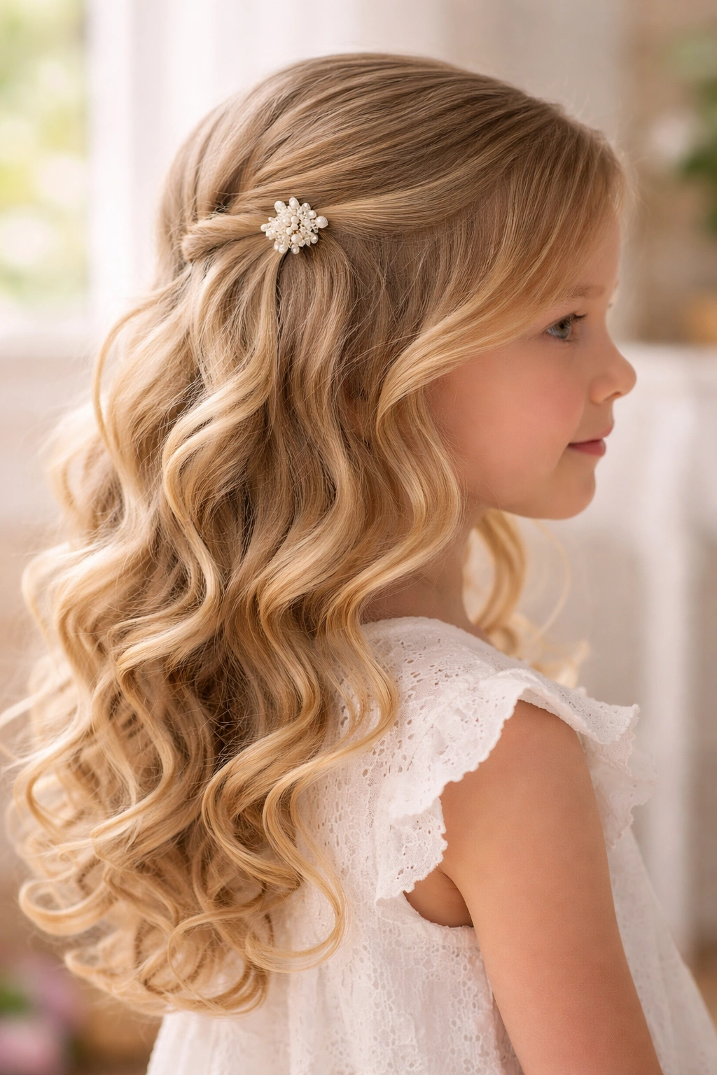 Side view of cascading curls with a delicate side clip