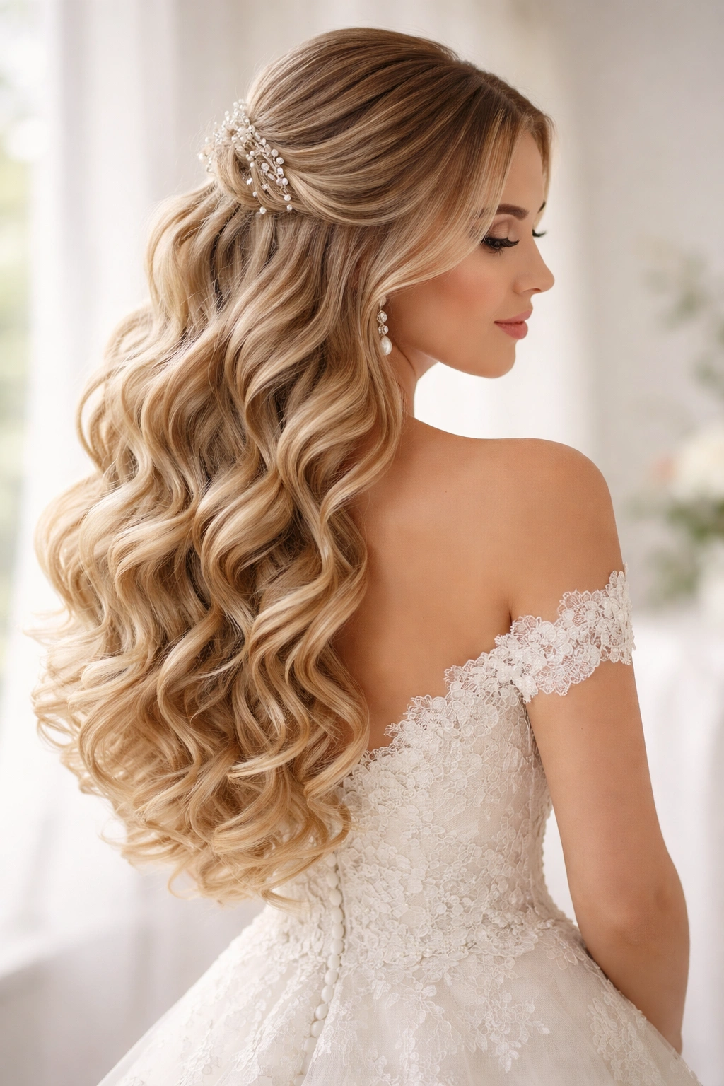 Romantic cascading curls flowing over shoulders with defined spirals