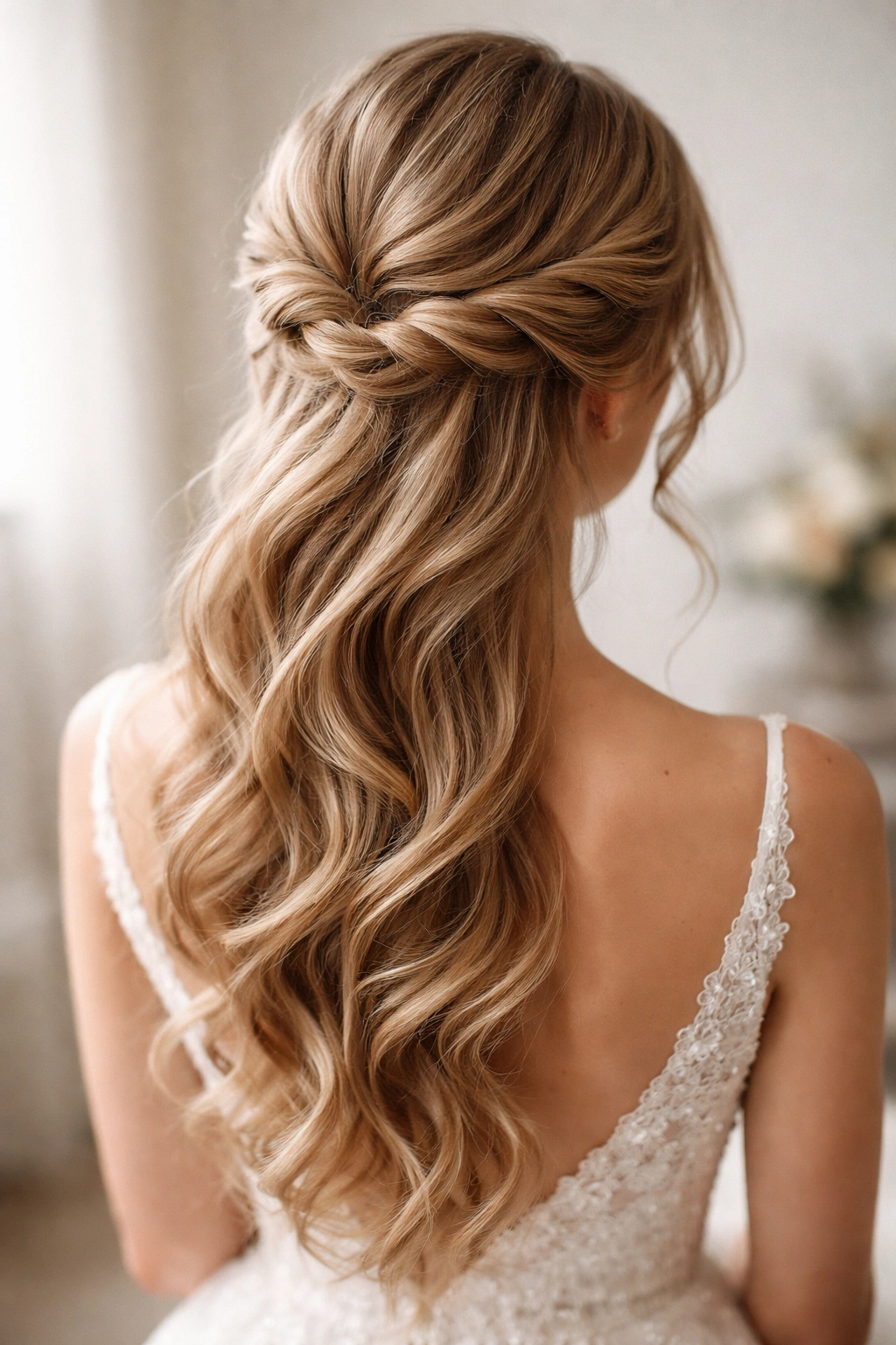 Cascading twisted updo with hair cascading down the back.