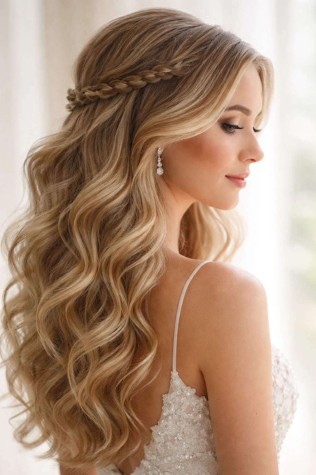 Close-up of cascading waves with a low side braid behind the ear