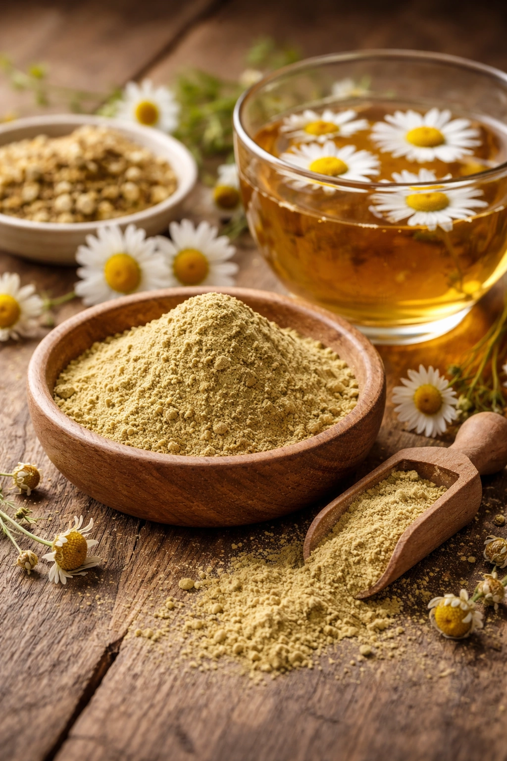 Cassia powder and chamomile tea on wooden surface demonstrating natural methods.