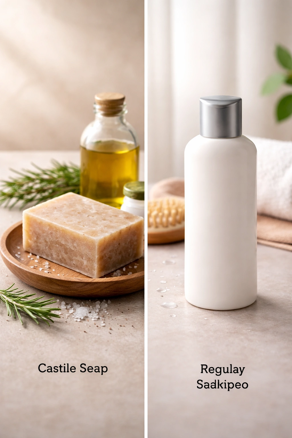 Side-by-side castile soap bar and plain shampoo bottle on a neutral surface