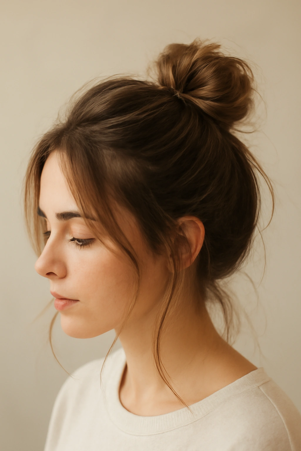 12 Easy Half Up Hairstyles for Work or Weekends 4 Casual half messy bun with loose wisps in a clean studio setting