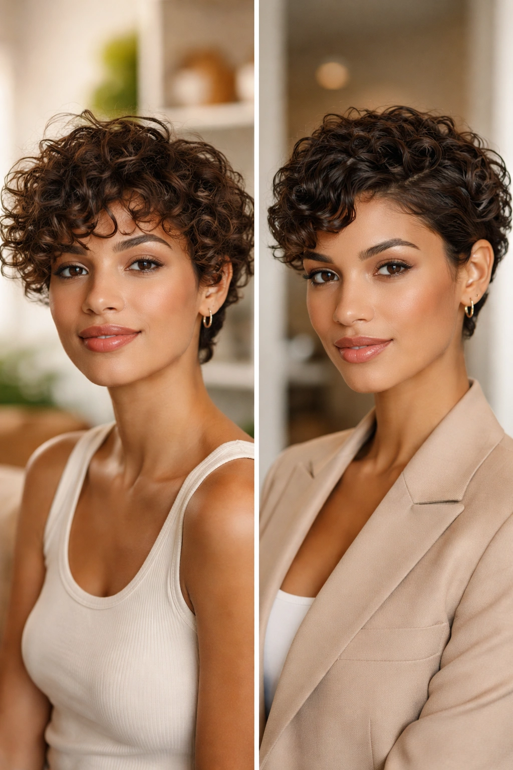 20 Short Curly Haircuts That Look Incredible 24 Split-screen showing casual and professional short curl looks