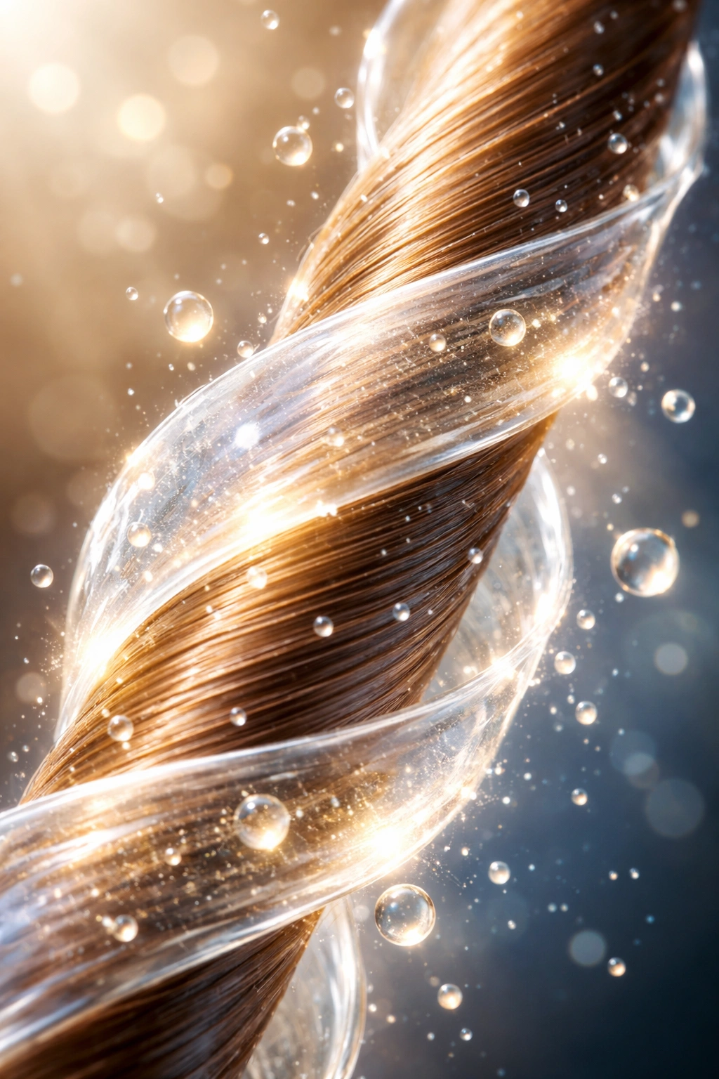 Hair strand with translucent moisture film and glow around it