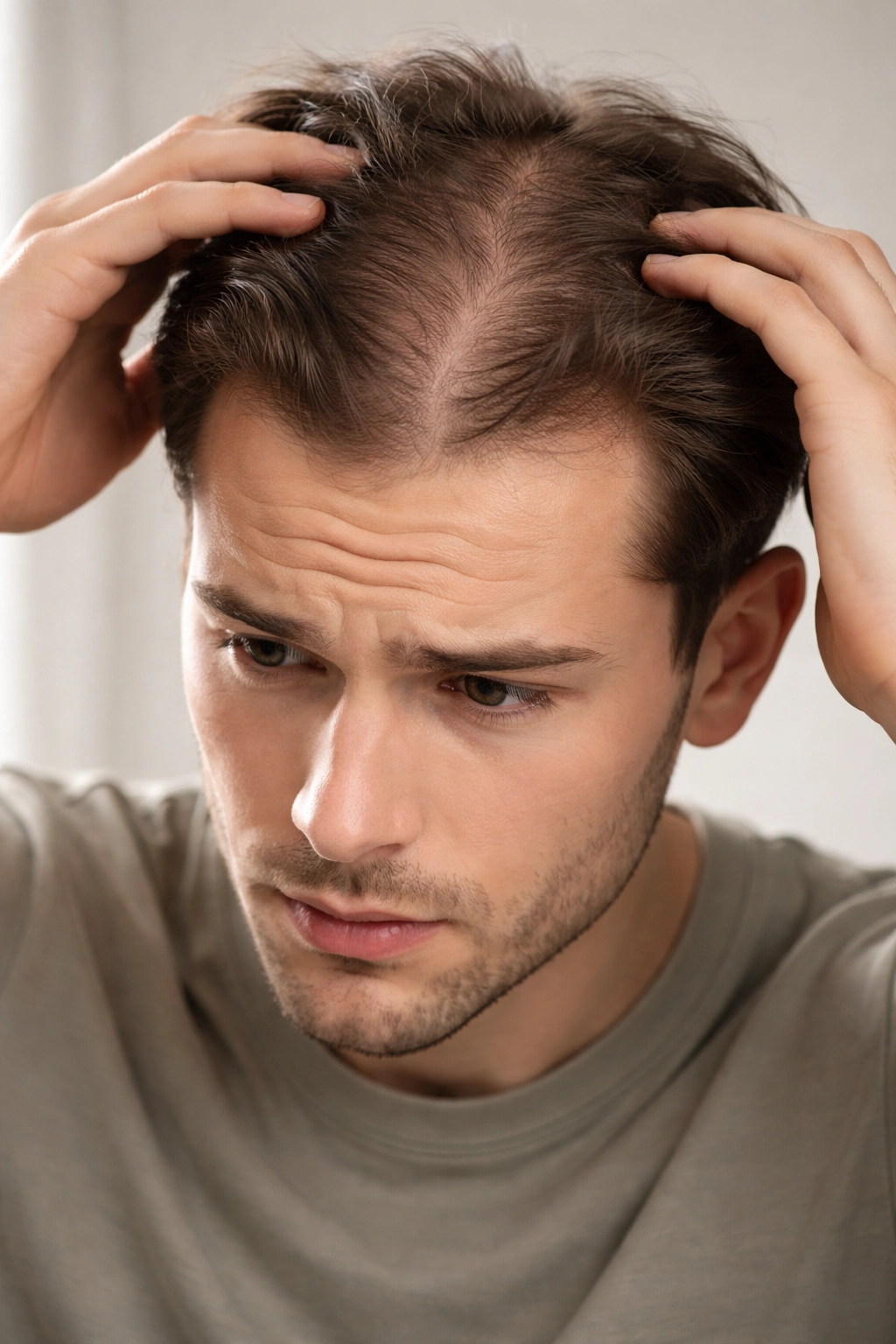 Young adult male scalp with receding hairline and thinning crown