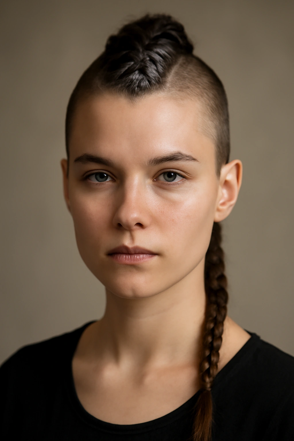 10 Mohawk Braid Styles for Short and Medium Hair 1 Classic center mohawk braid on shoulder-length hair with shaved sides, front portrait