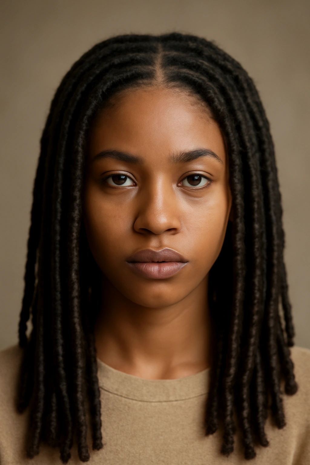 15 Loc Hairstyles That Work for Both Office and Play 3 Frontal portrait of locs with a neat center part and symmetrical sections