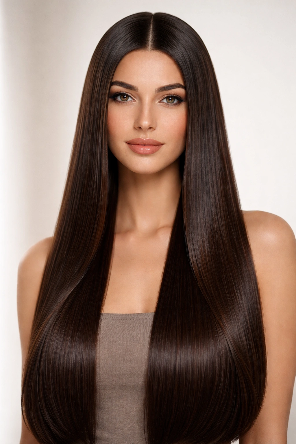 Long sleek hair with a perfect center part