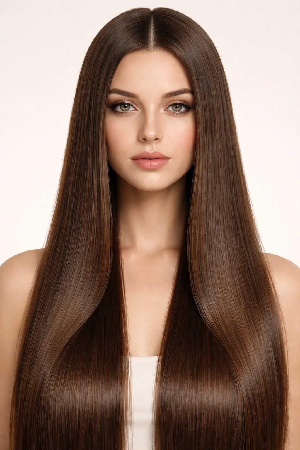 Long, straight, glossy hair with a precise center part.