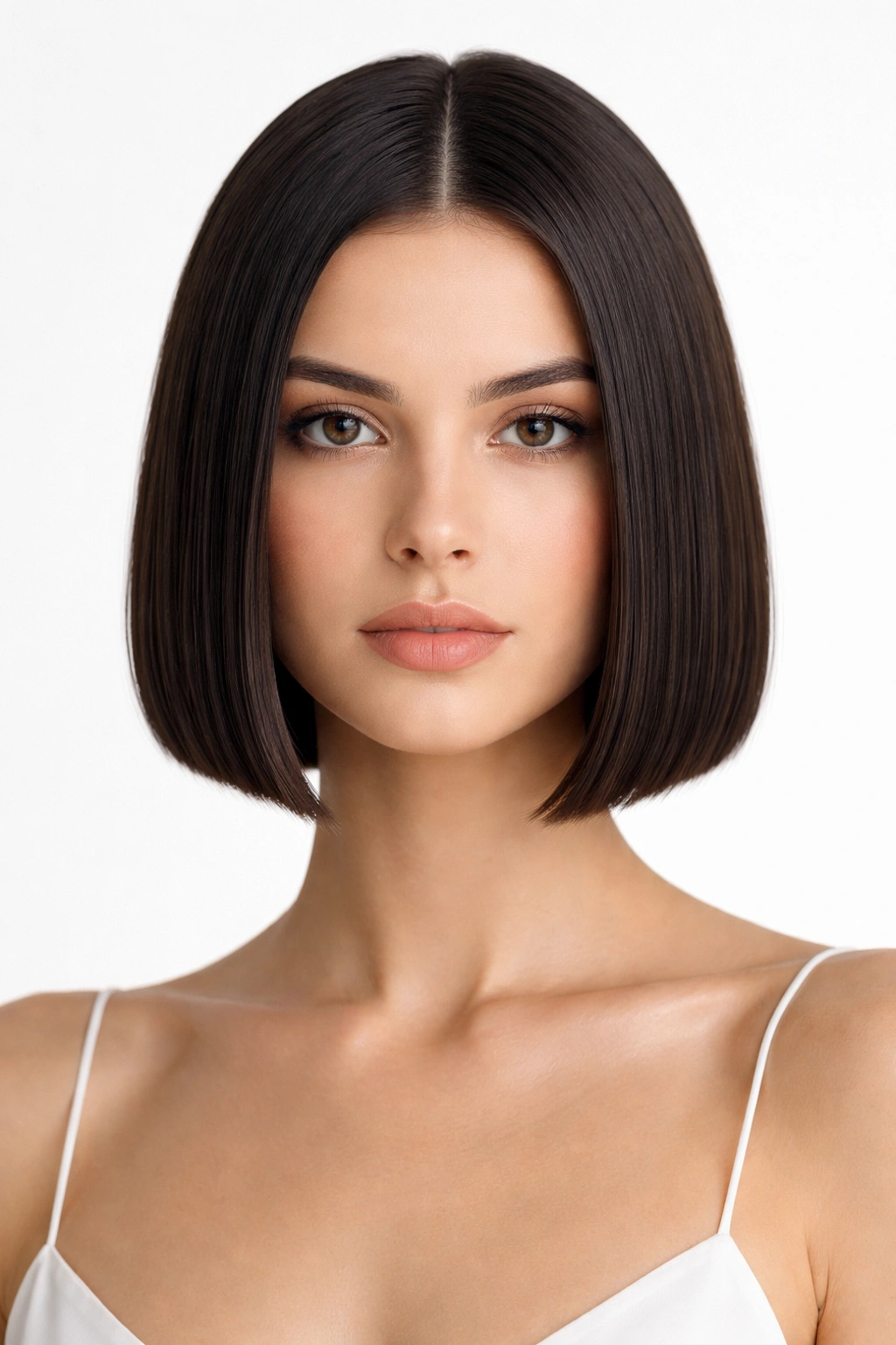 Center-parted sleek minimalist bob with blunt edge in studio portrait