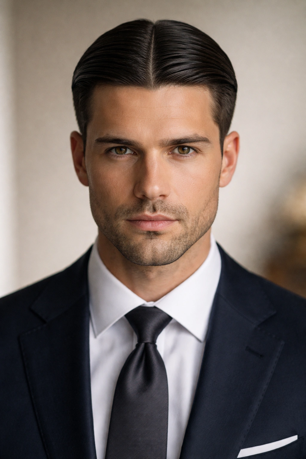 Hair parted in the center, straight and symmetrical
