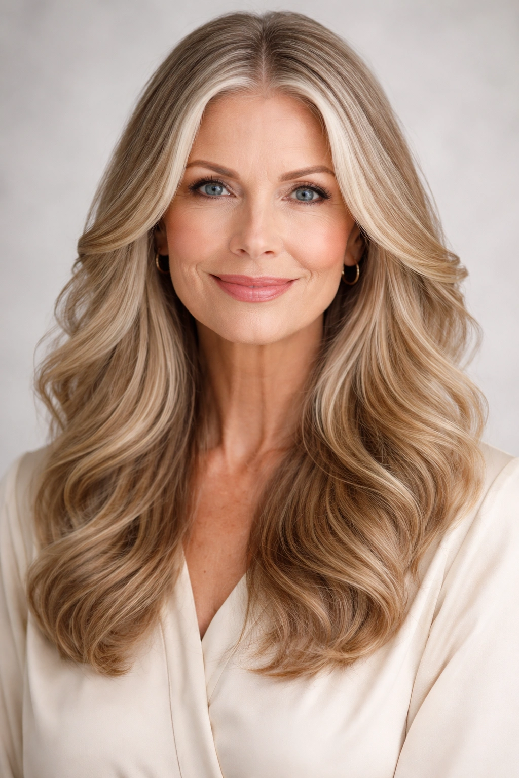Center-parted wavy hair with soft layers on a mature woman.