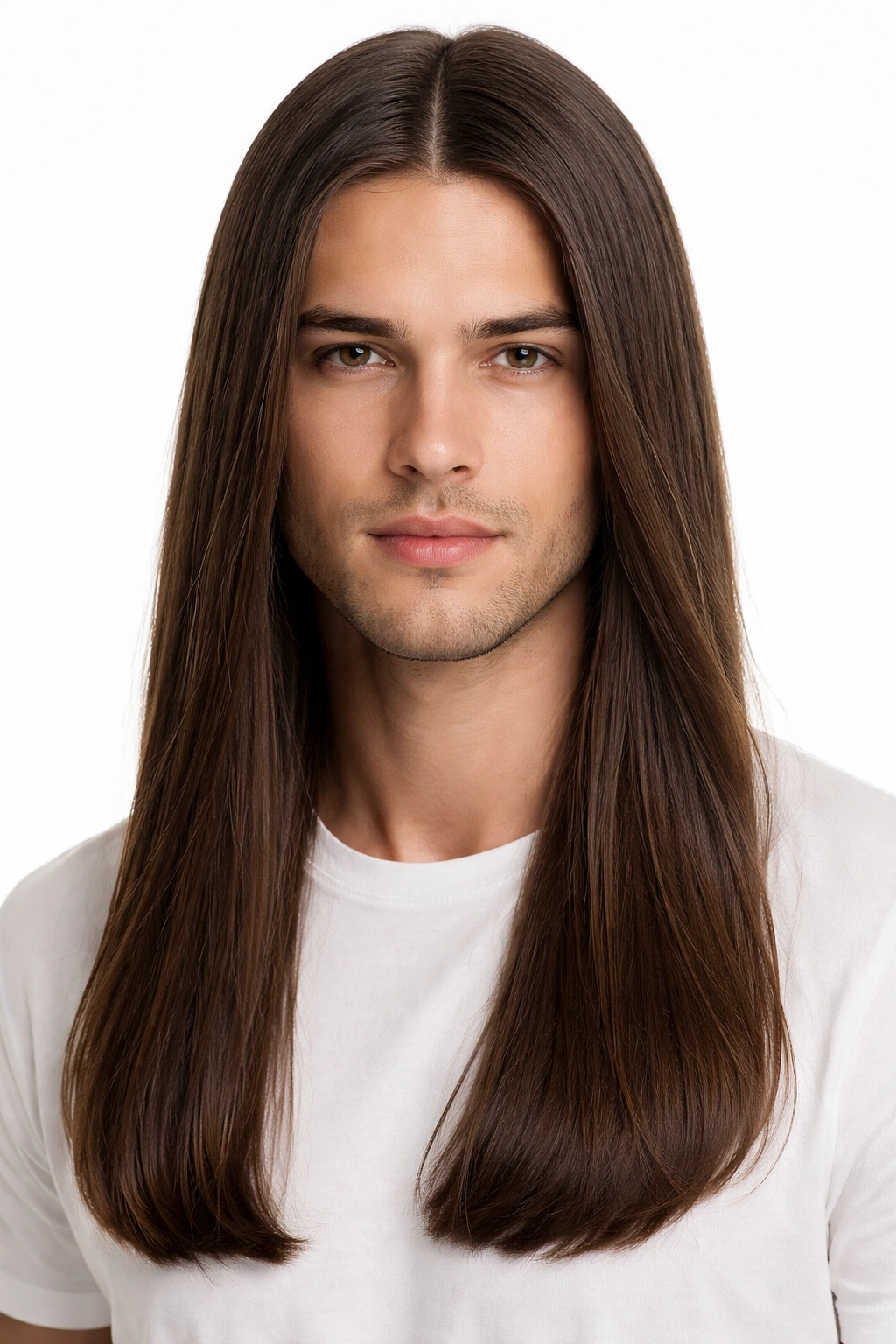 Portrait of straight long hair with a center part, studio lighting