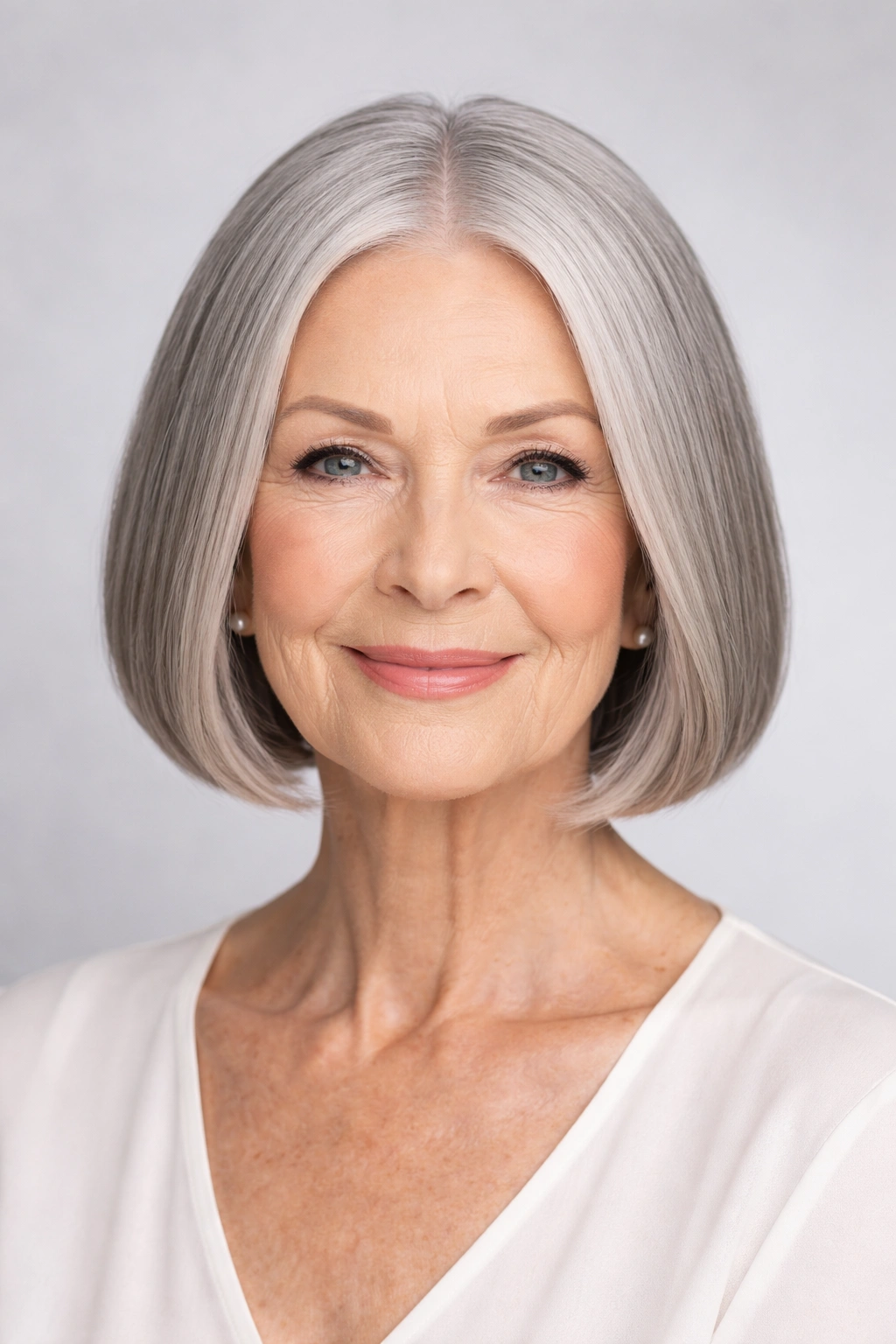 Frontal view of a sleek center-parted bob with glossy gray hair