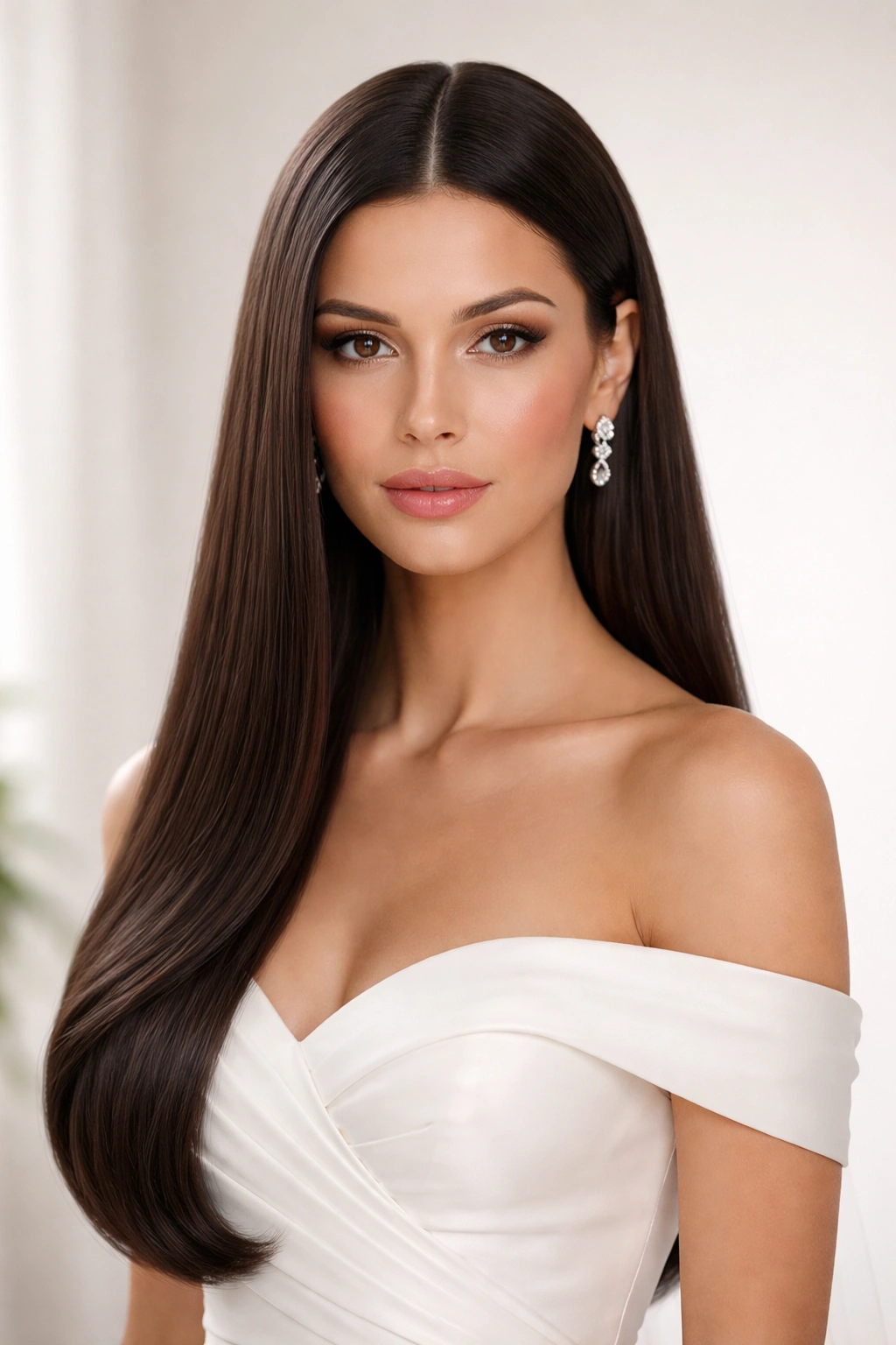 Close-up of sleek center-parted long hair with glossy straight strands