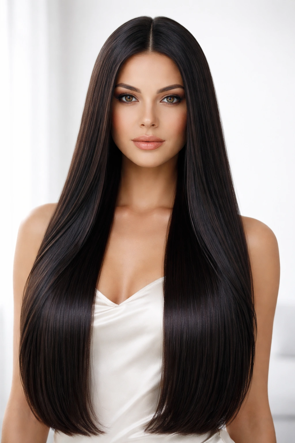 Full-length straight hair with center part and high shine.