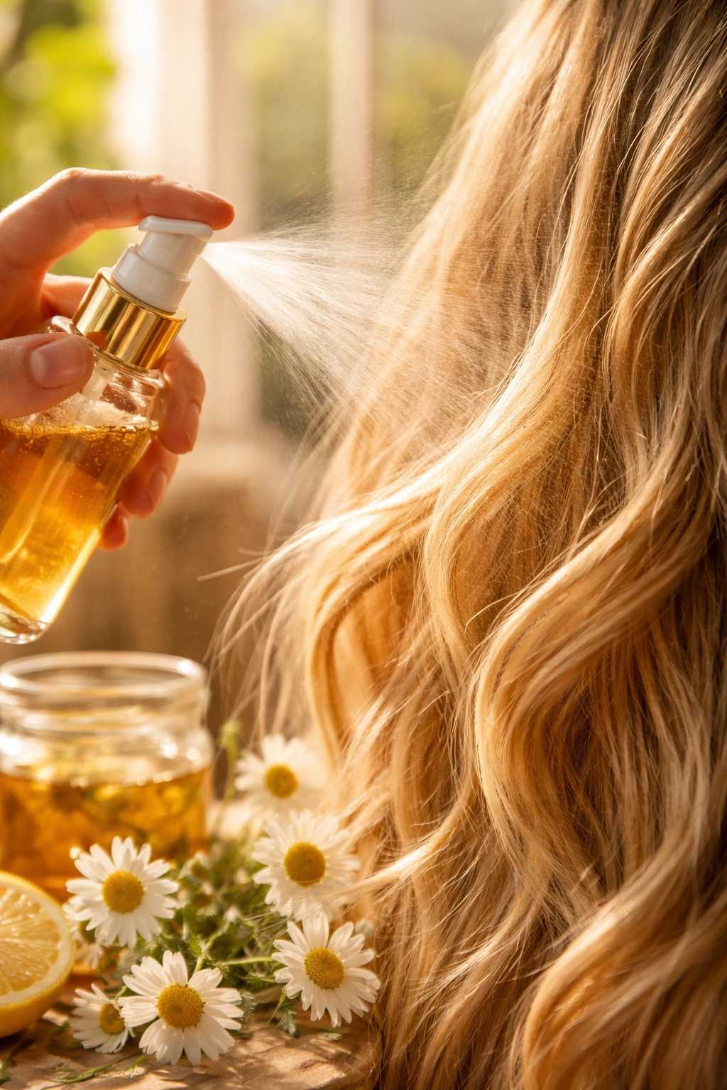 Spray bottle applying chamomile tea to hair under sunlit light