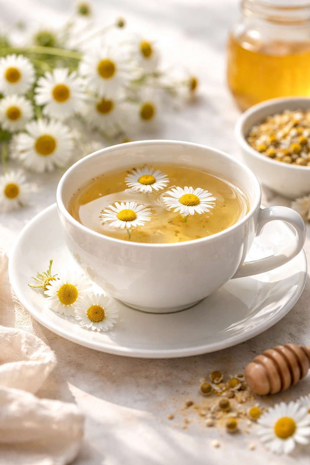 Cup of chamomile tea with pale golden color on a clean surface