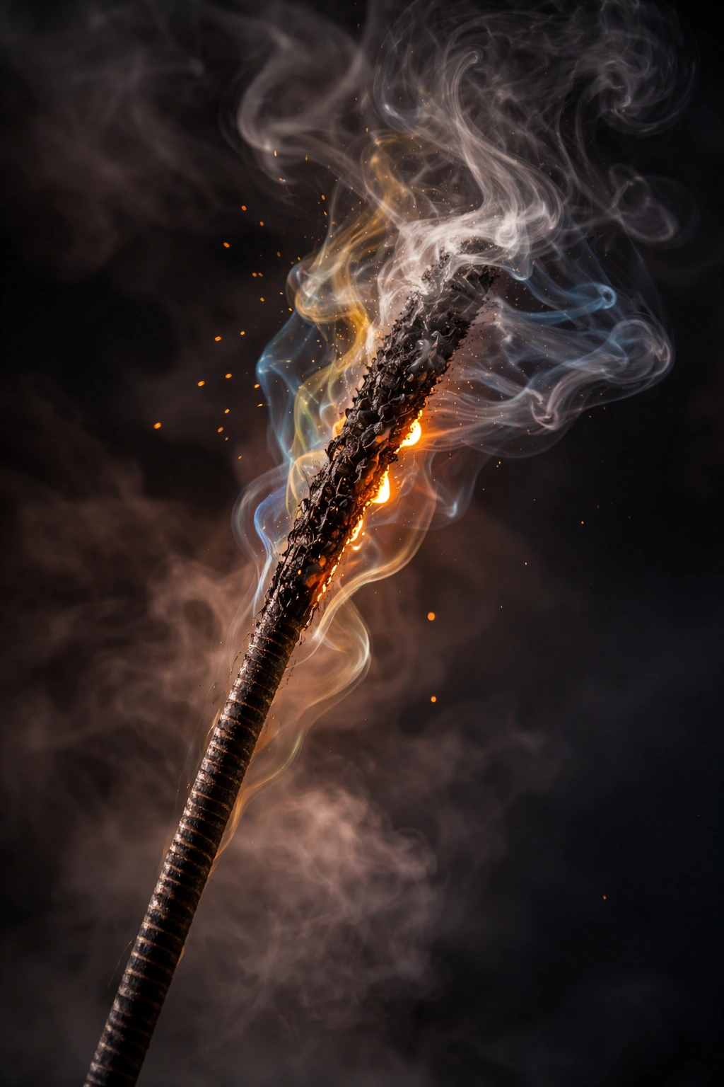 Charred hair strand against dark background representing intense burnt hair odor