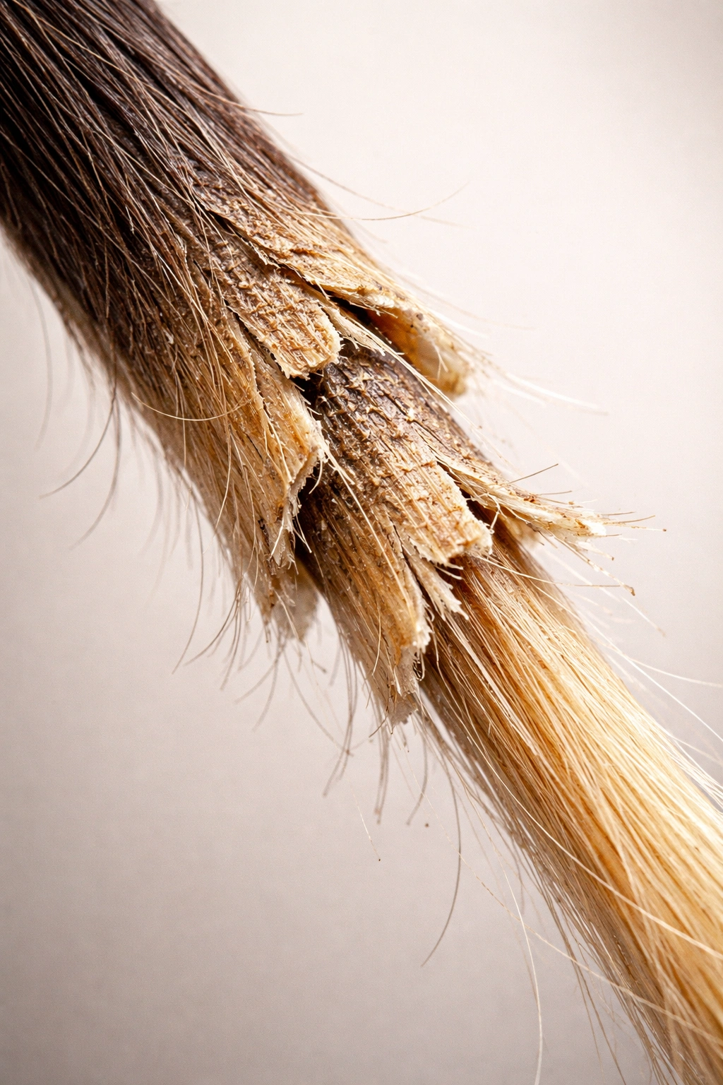 Close-up of damaged hair with uneven color and rough texture