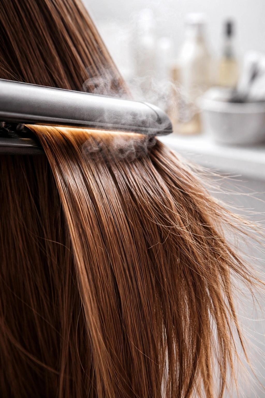Hair after chemical straightening showing smooth but processed strand