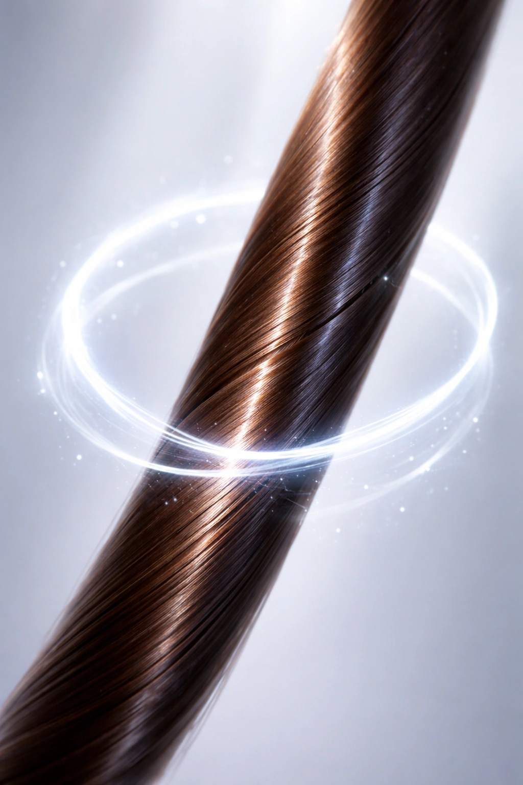 Close-up of a glossy hair strand with a subtle glow to imply bond protection during chemical treatments