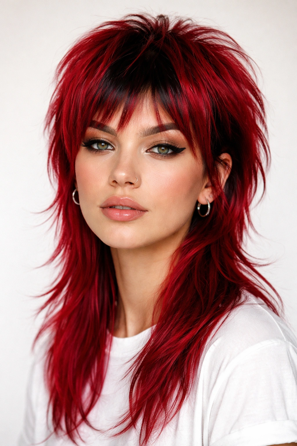 Cherry red mullet with black shadow roots in studio portrait