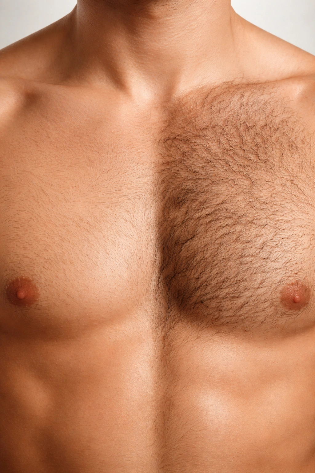 Close-up of male chest showing transition from vellus to terminal hair