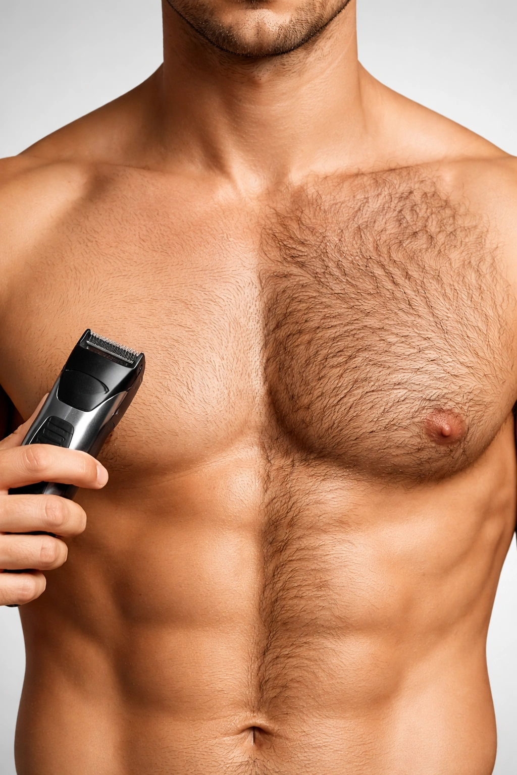 Close-up of chest hair showing uneven length to imply grooming