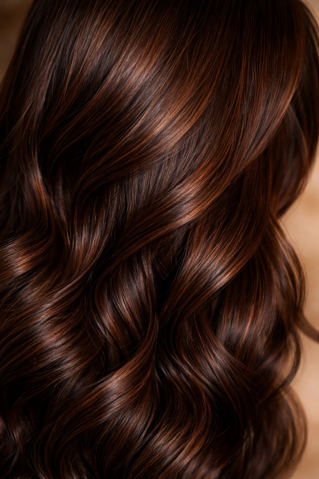 Close-up of chestnut brown hair with warm red and golden undertones