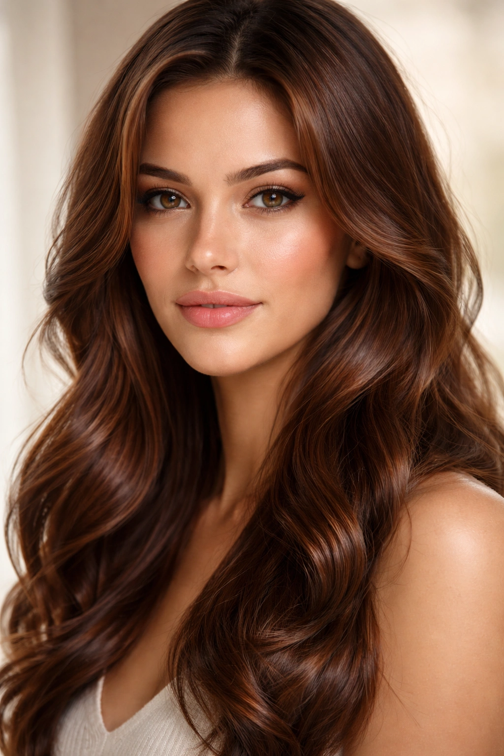 Close-up of chestnut hair color on a model with warm undertones