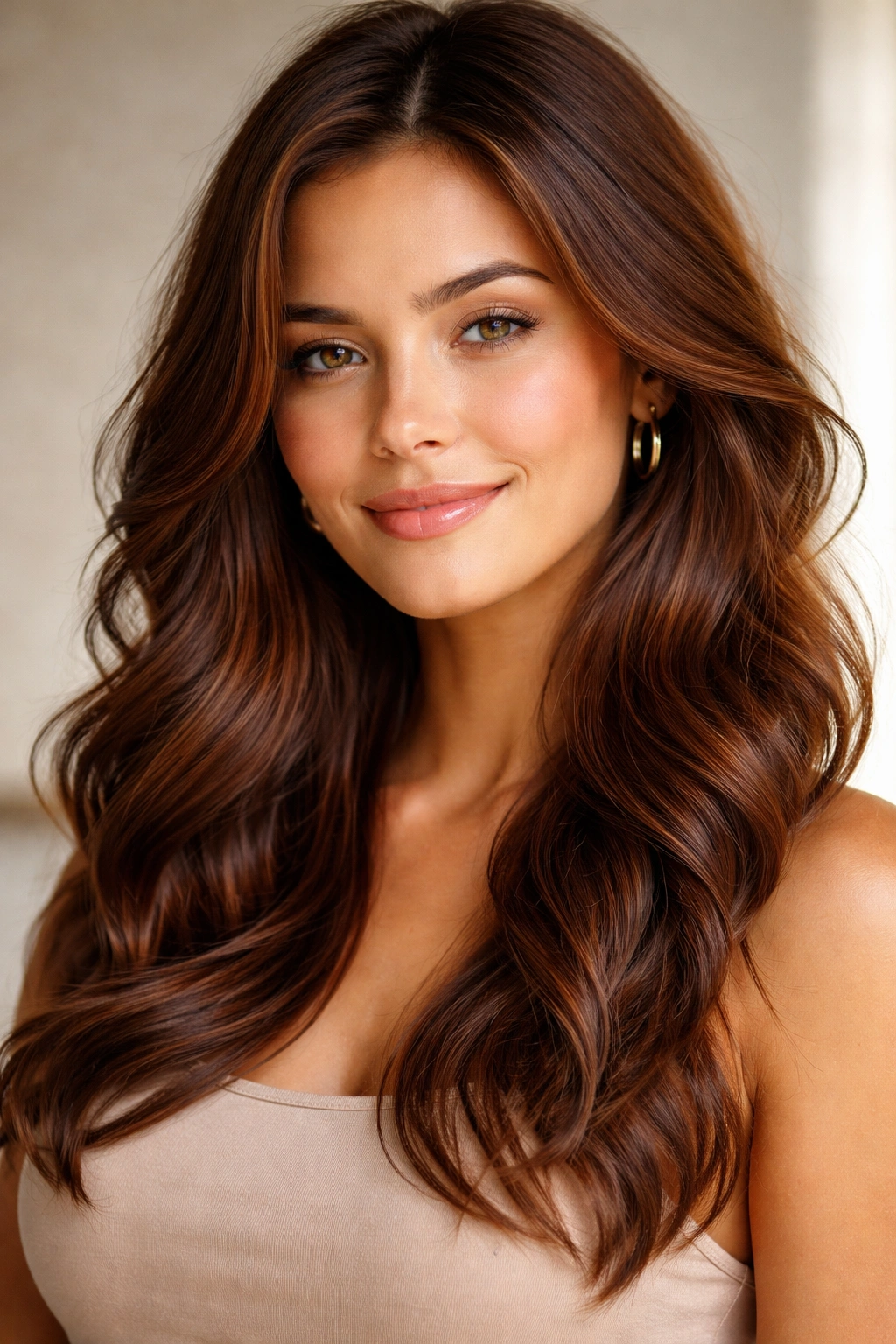 Portrait of chestnut hair with warm undertones and dimensional highlights in studio lighting