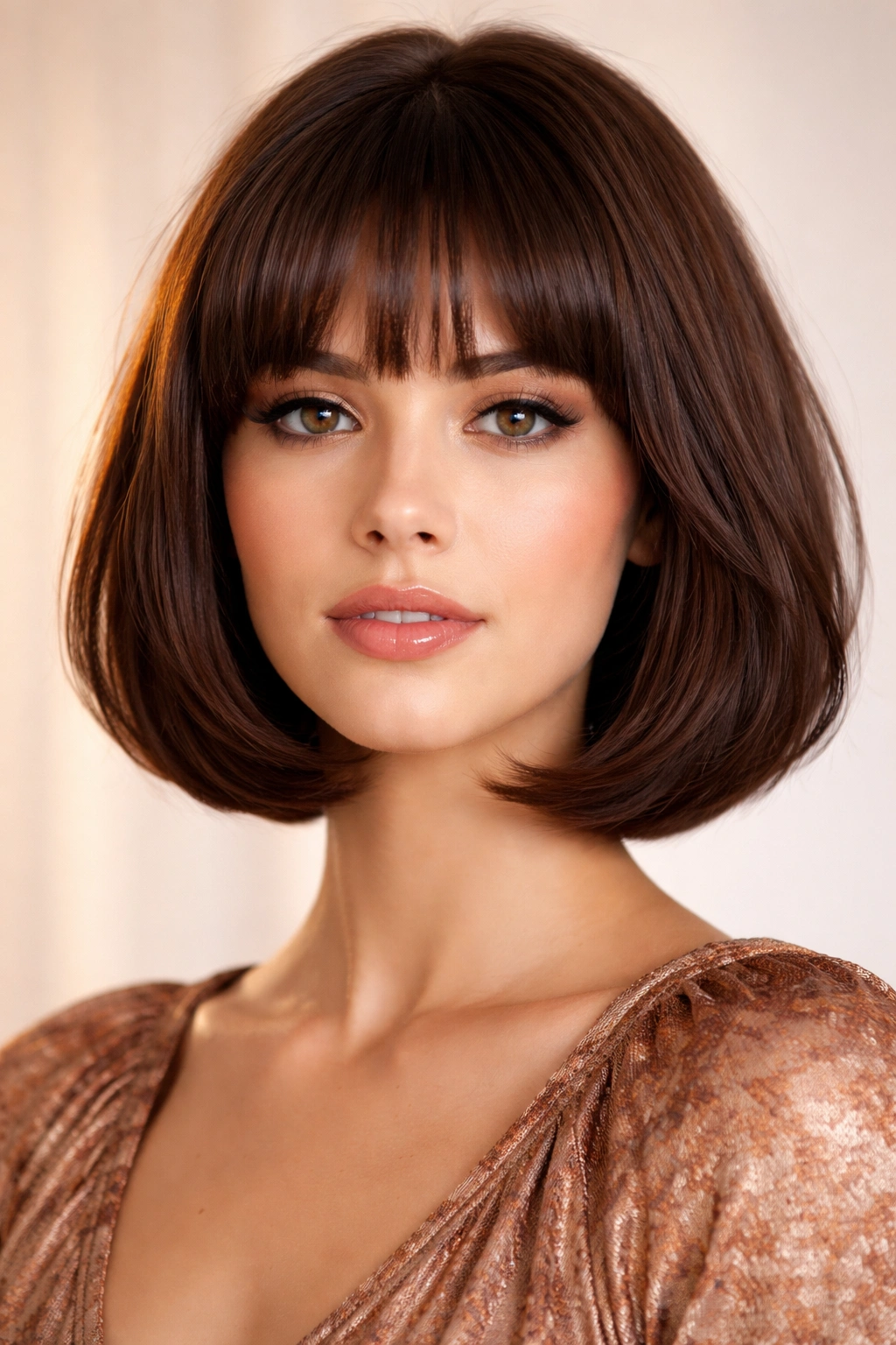 Front view of chin-length chic bob with blunt bangs and subtle waves