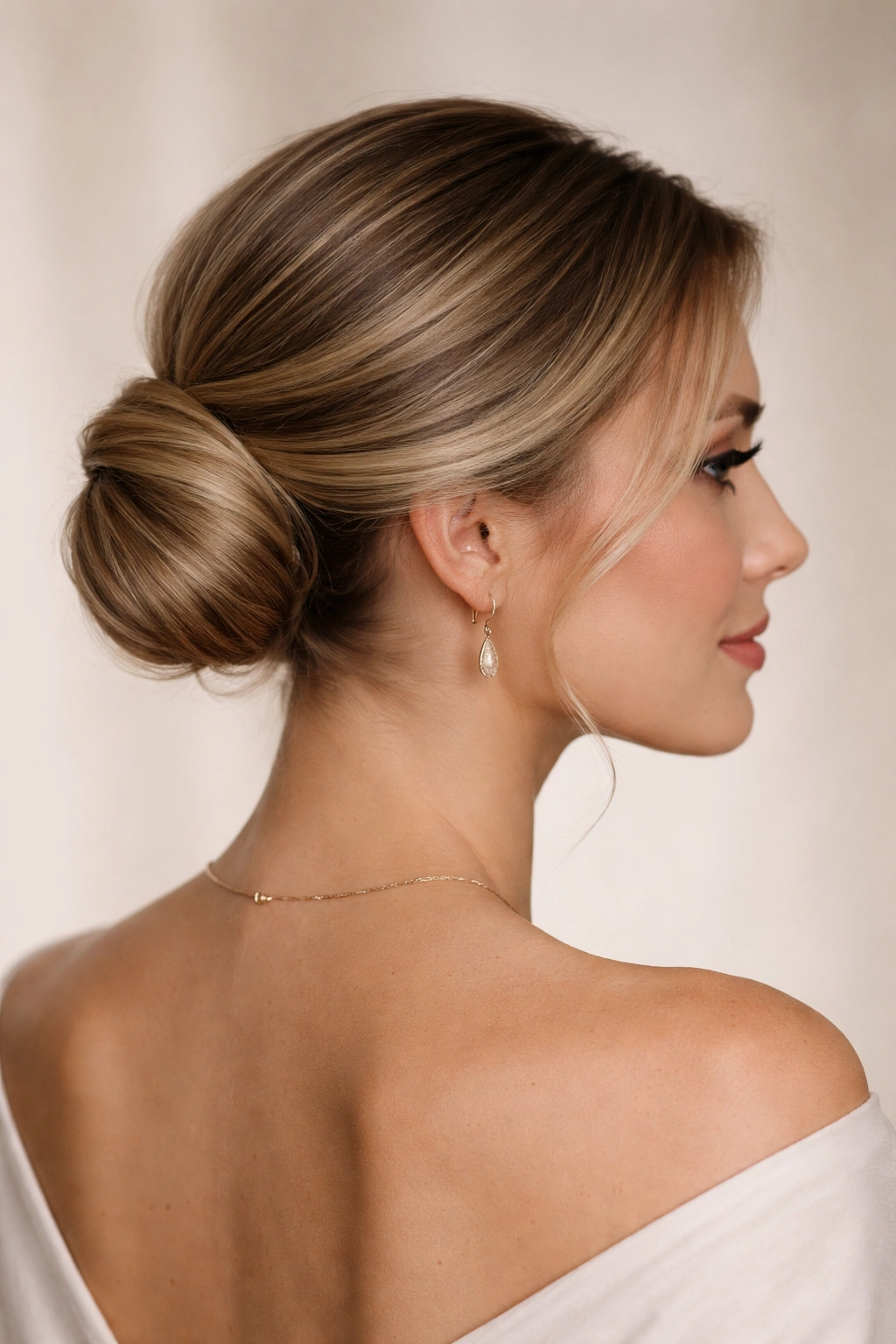 Chic updo with a twisted knot or low bun and smooth silhouette