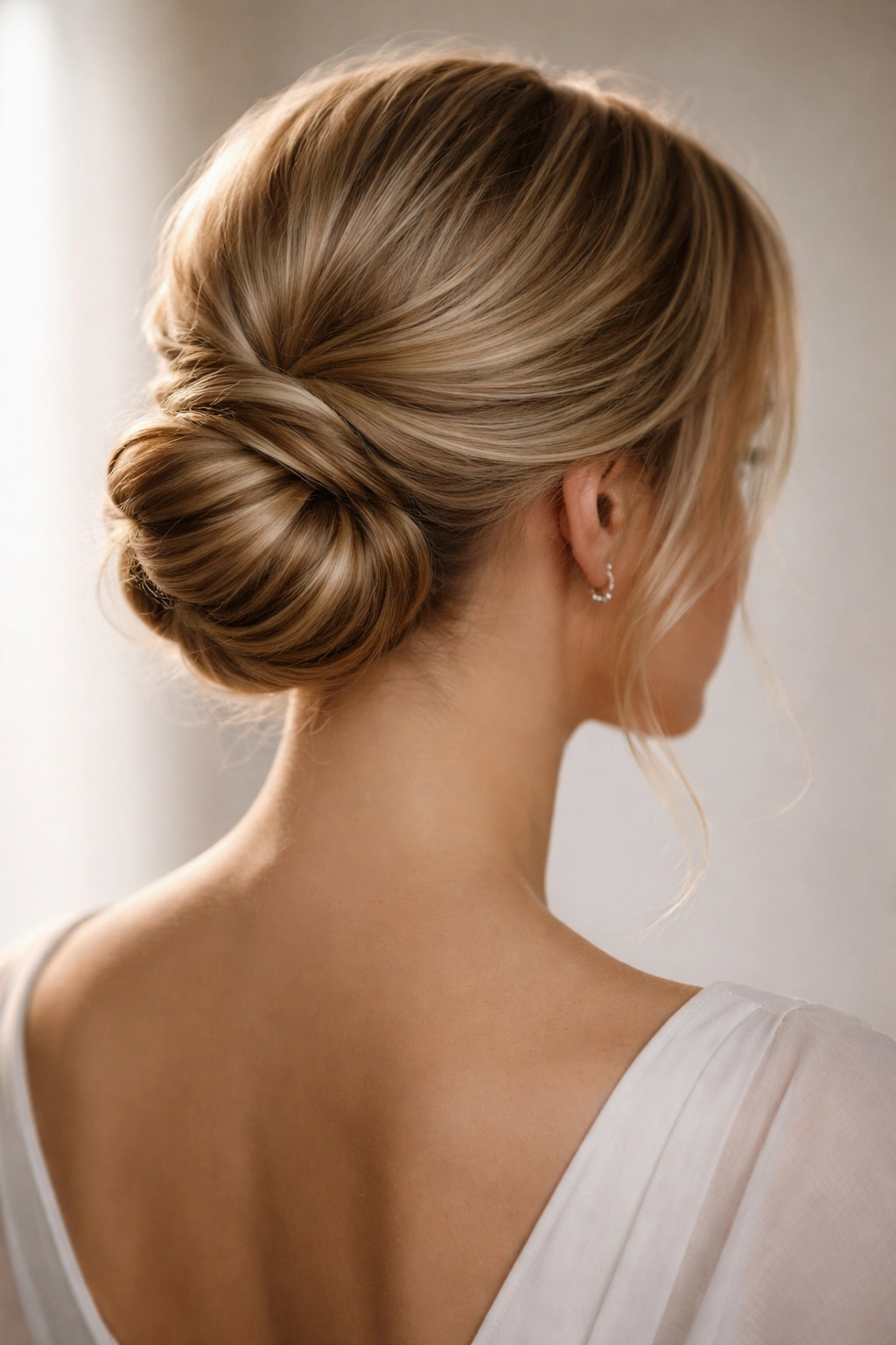 Low chignon at nape with twist and subtle braiding