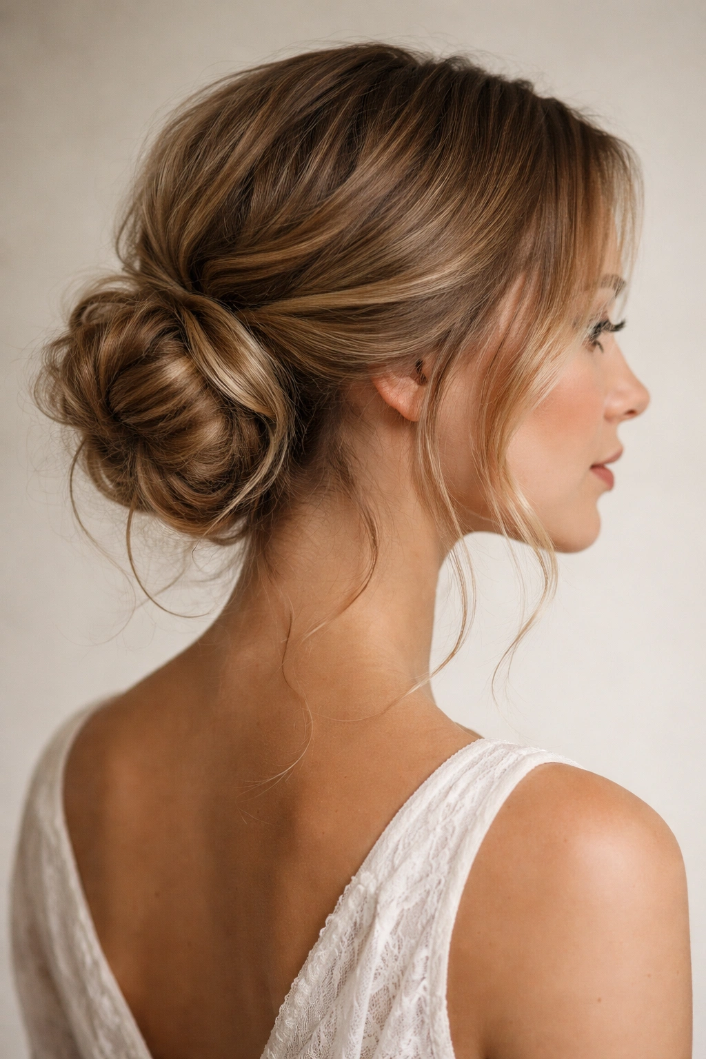 Loose, textured chignon at the nape with face-framing strands
