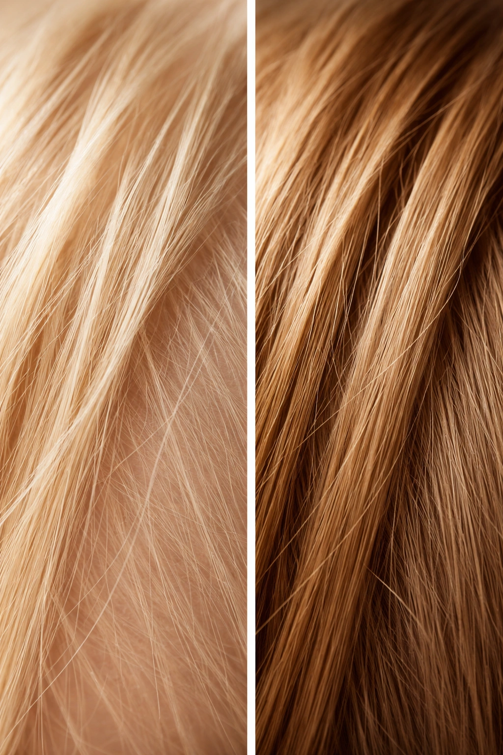 Close-up comparison of fine child hair vs thicker adult hair fibers showing developmental differences in texture and fragility.