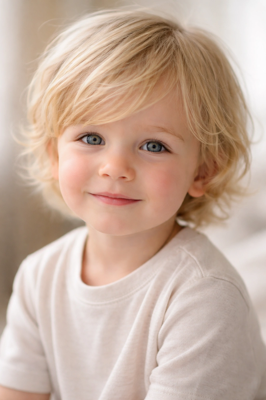 Portrait of a young child with blonde hair in a calm studio setting