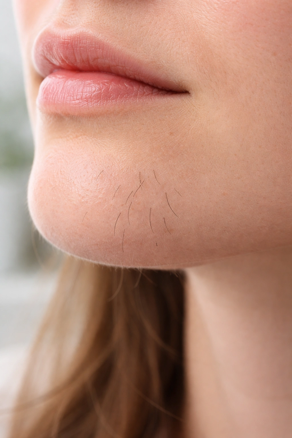 Close-up of chin with visible hair growth in soft lighting