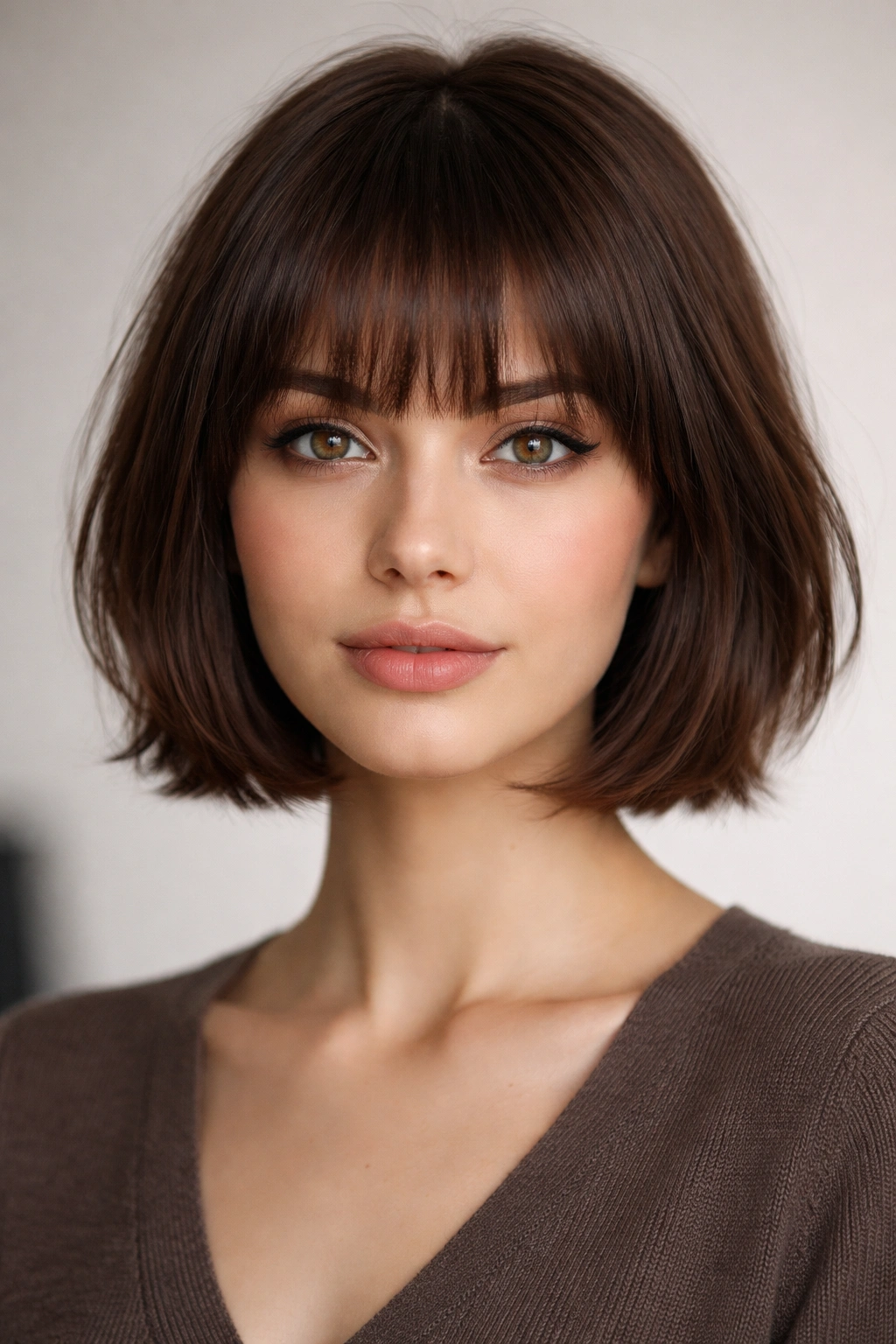 Portrait of chin-length hairstyle with bangs at eyebrow level framing eyes