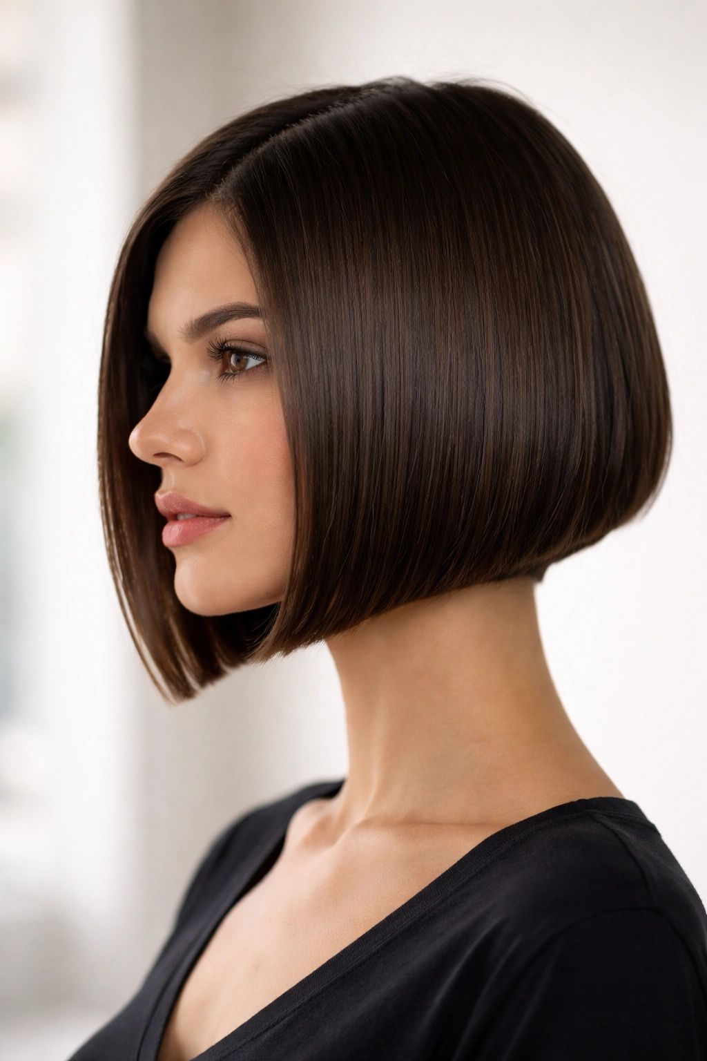 15 Angled Bob Haircuts From Subtle To Dramatic 2 Portrait showing chin-length blunt angle bob with straight-across front and shorter back