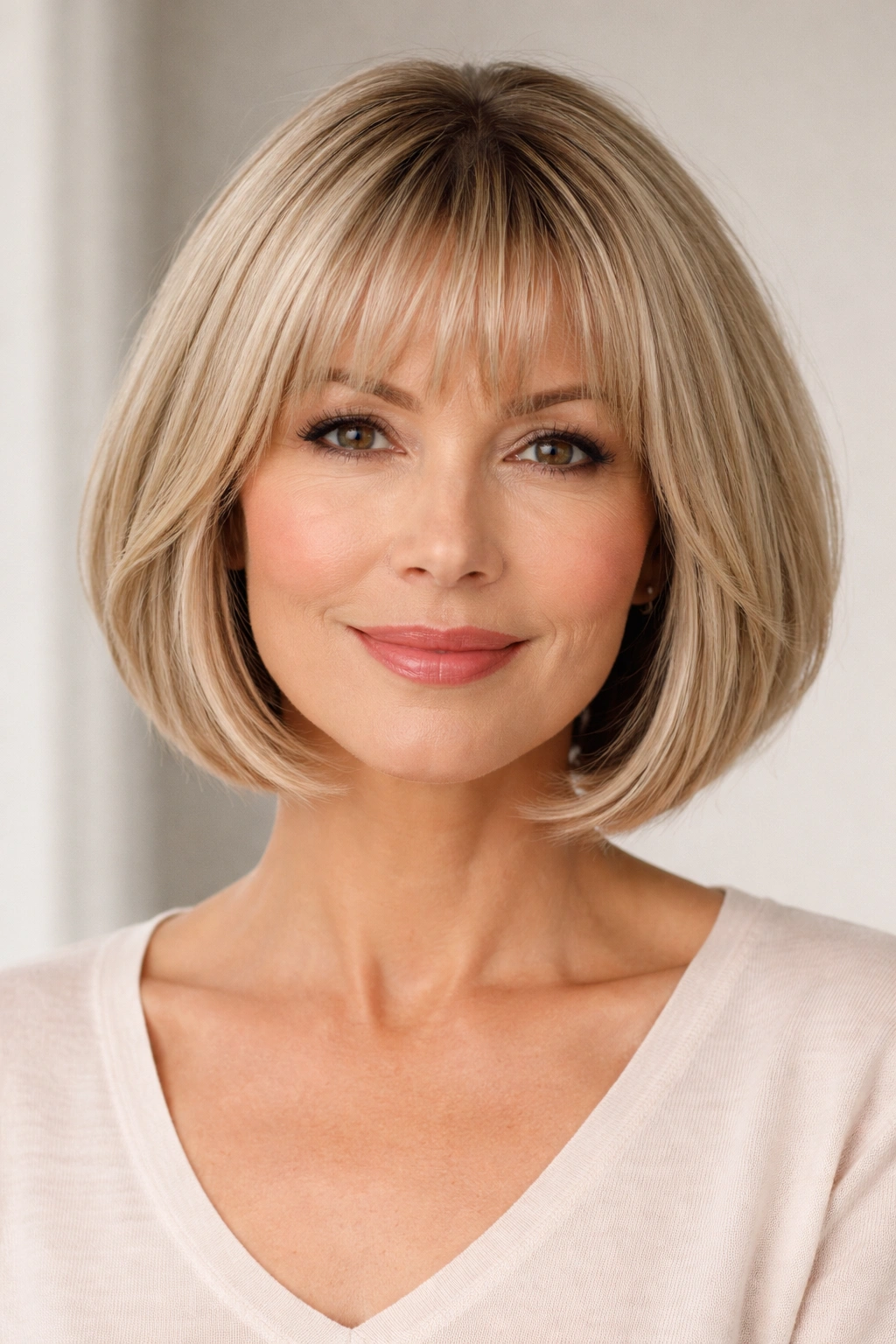 Chin-length bob with bangs framing face and cheekbones