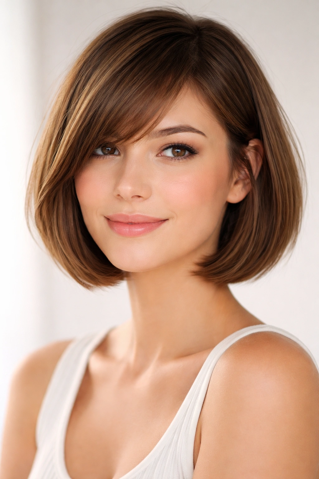 Close-up of chin-length bob with side-swept bangs framing the face.