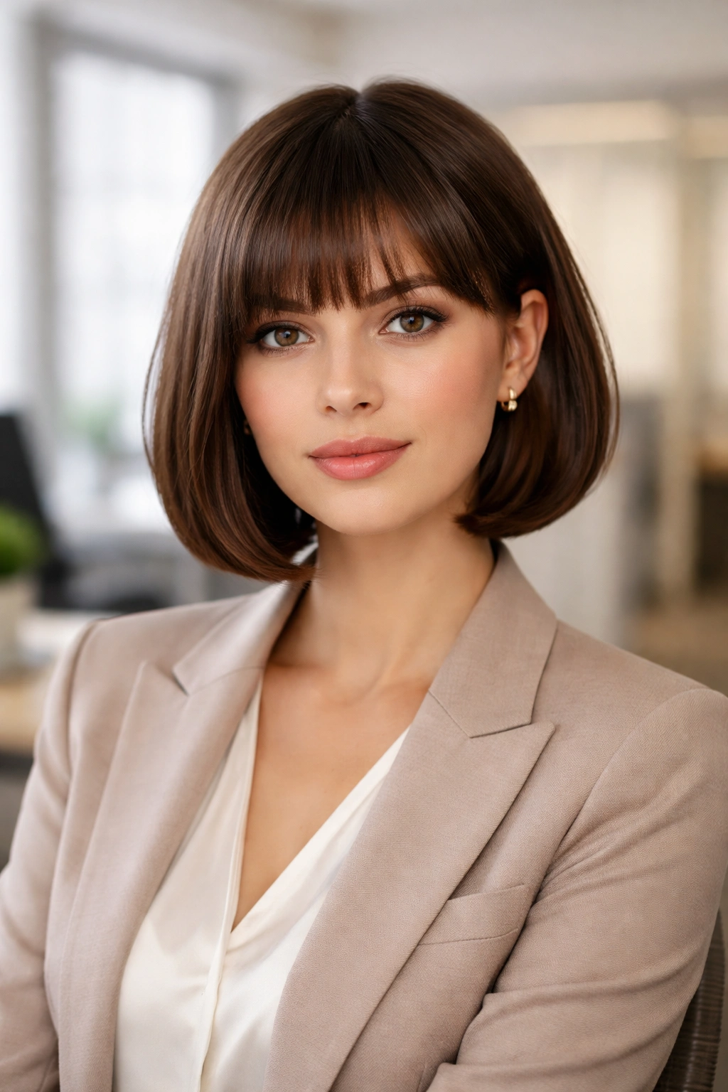10 Professional Short Hairstyles For The Office 6 Close-up of a chin-length bob with blunt bangs framing the eyes