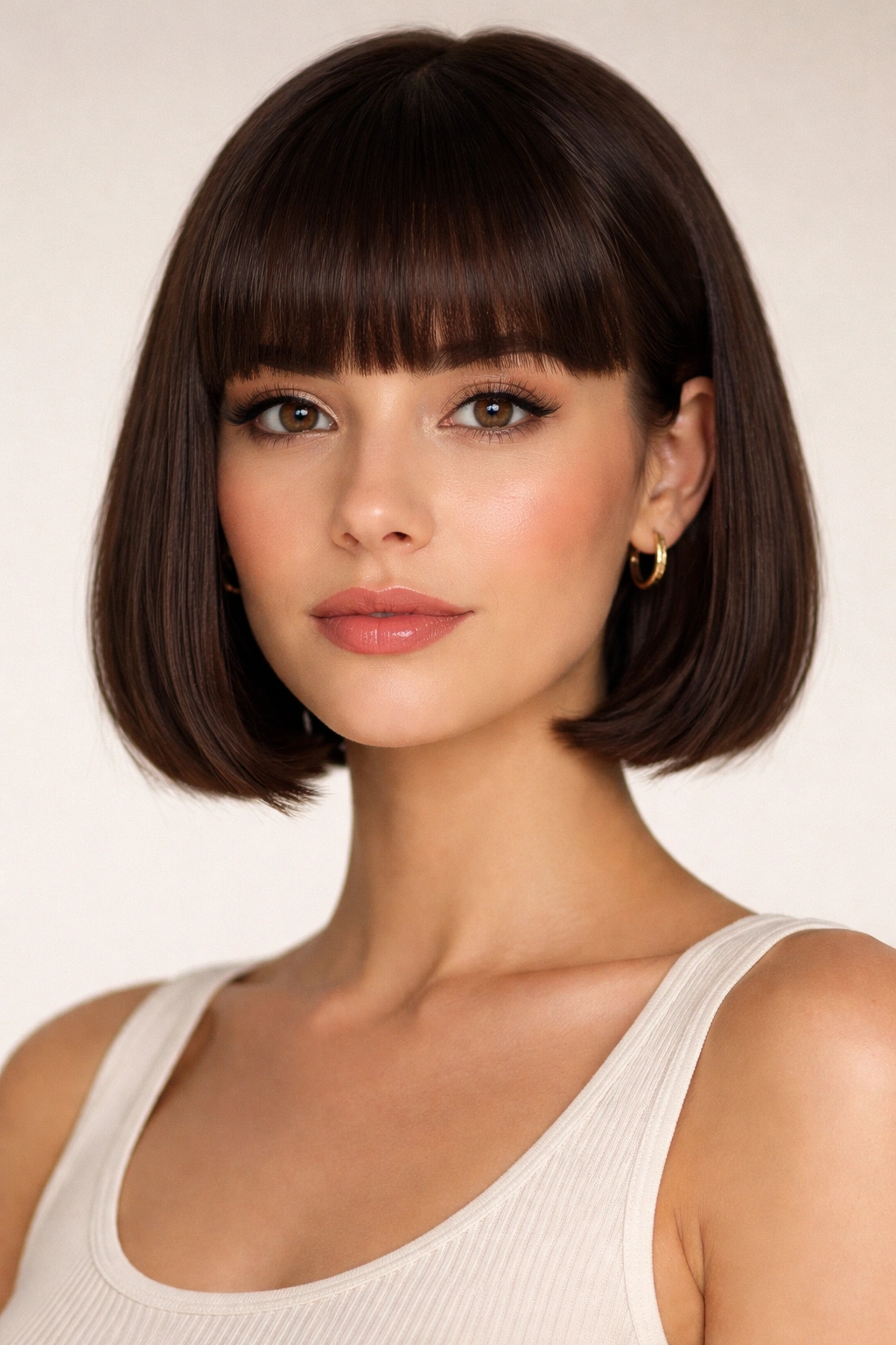 12 Hairstyles With Bangs That Suit Long Faces 8 Portrait of a person with a chin-length bob and straight-across bangs