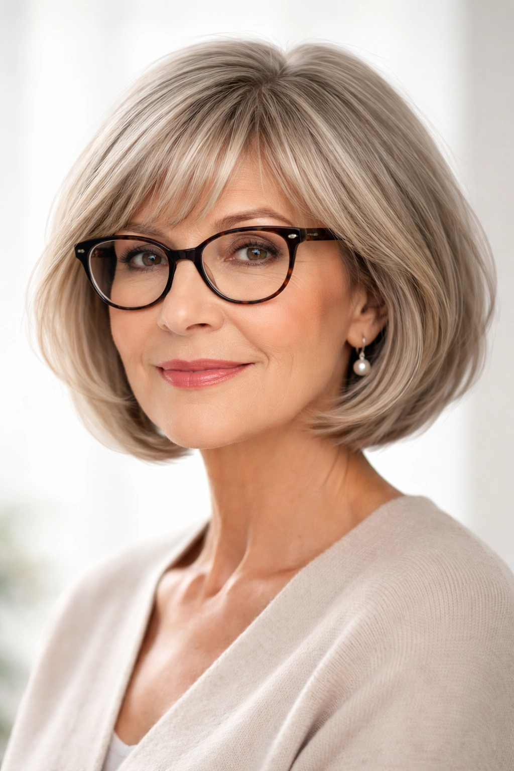 Chin-length bob with bangs on a woman wearing glasses