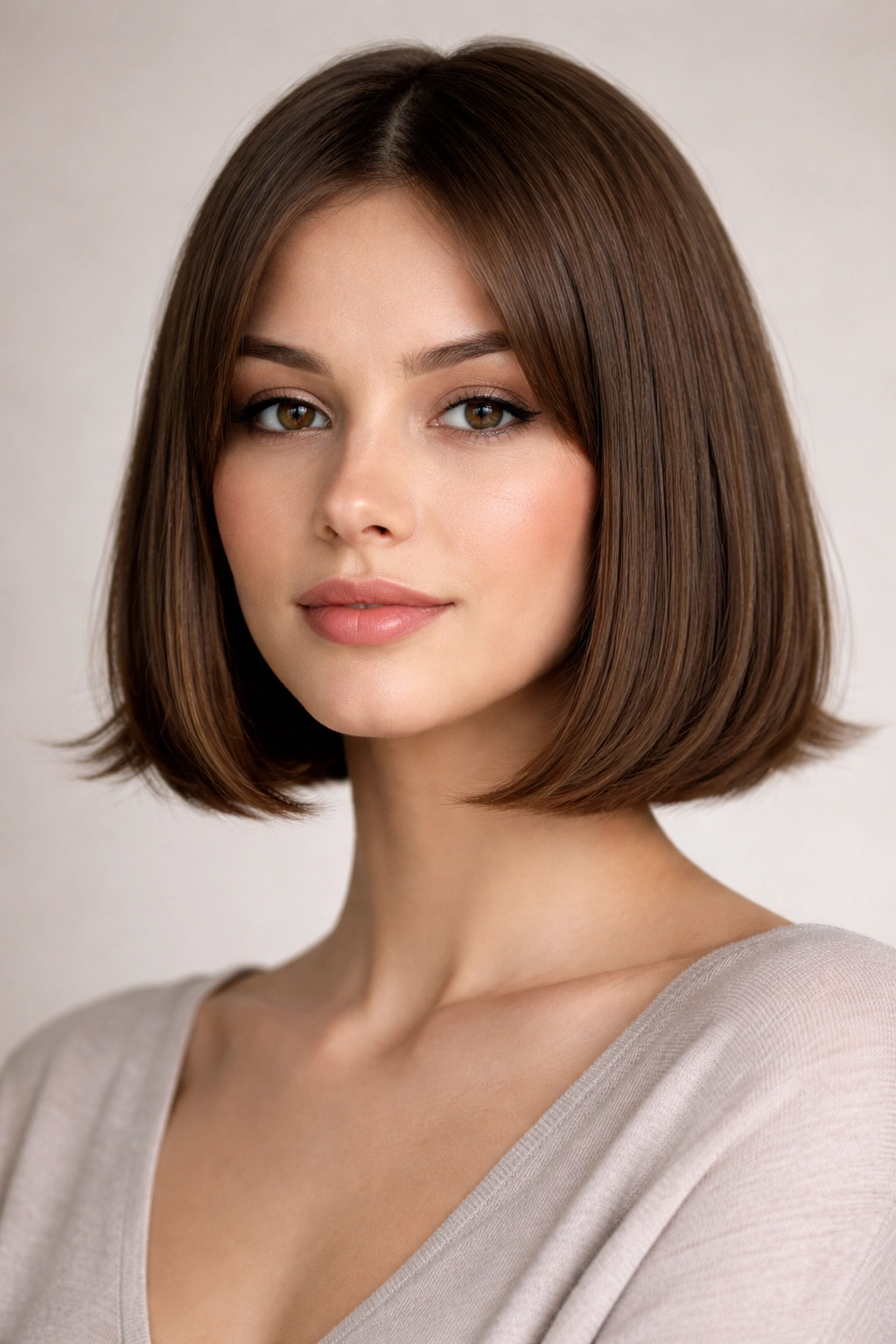 Close-up of chin-length blunt bob with subtle flick, studio lighting highlights sharp edge and shine