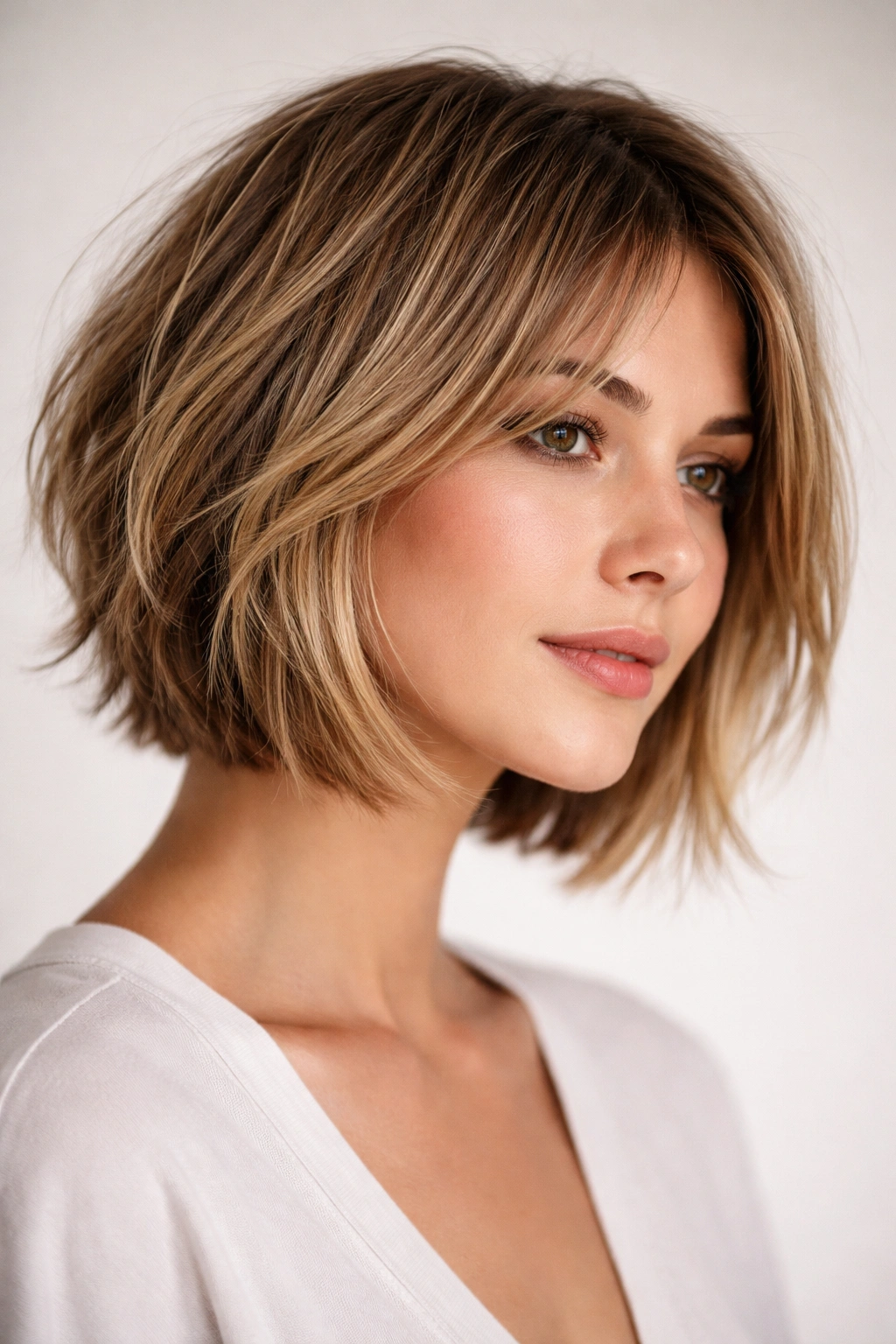 Chin-length bob with choppy textured layers framing the jawline